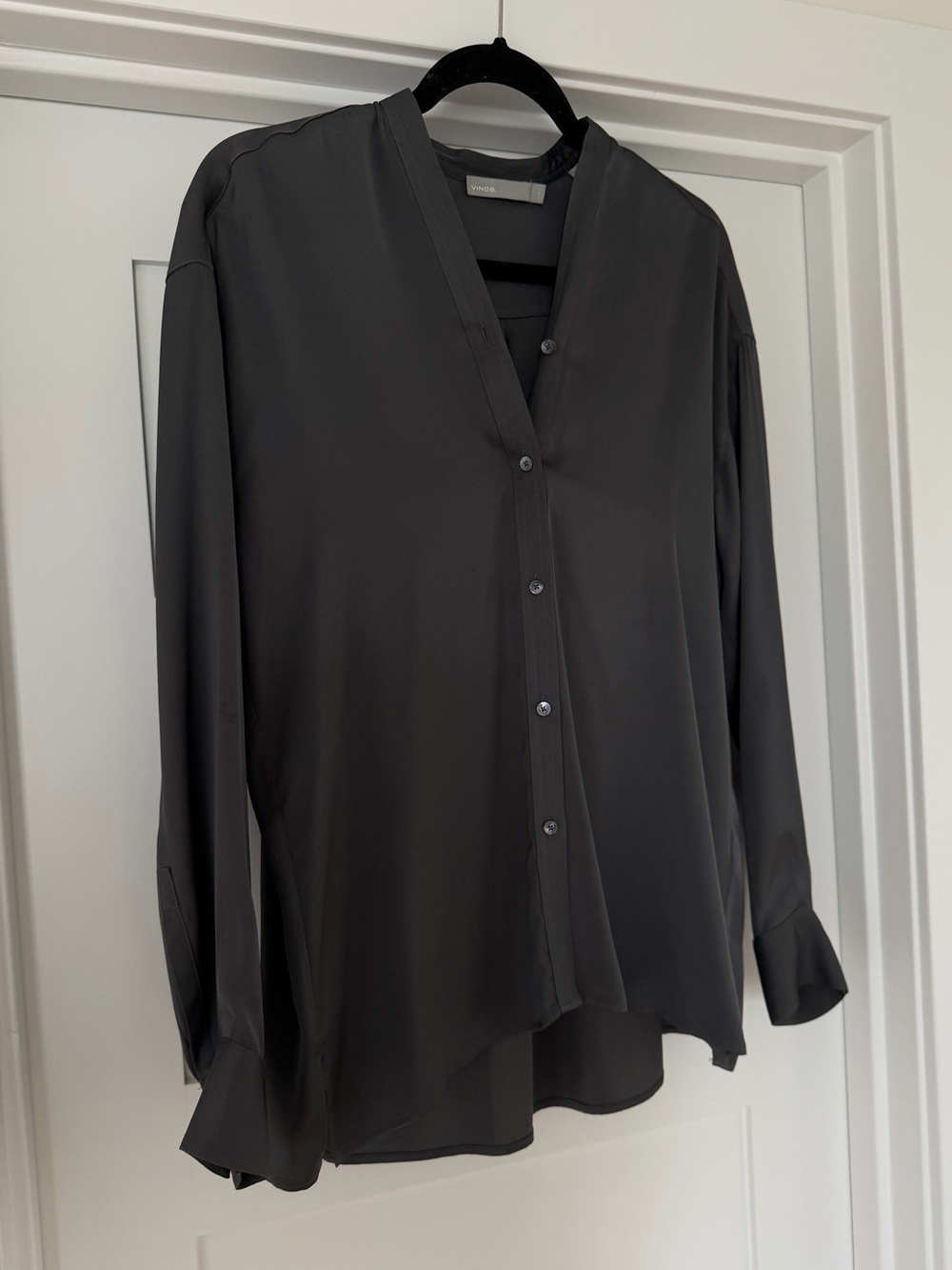 Vince Charcoal Button-Front V-Neck Silk Blouse
